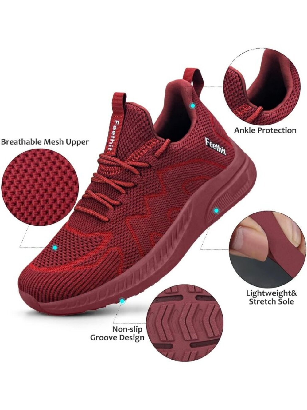 Women's Burgundy Mesh Lightweight Slip on Sneakers for Travel Athletic Shoes - Picture 4 of 6